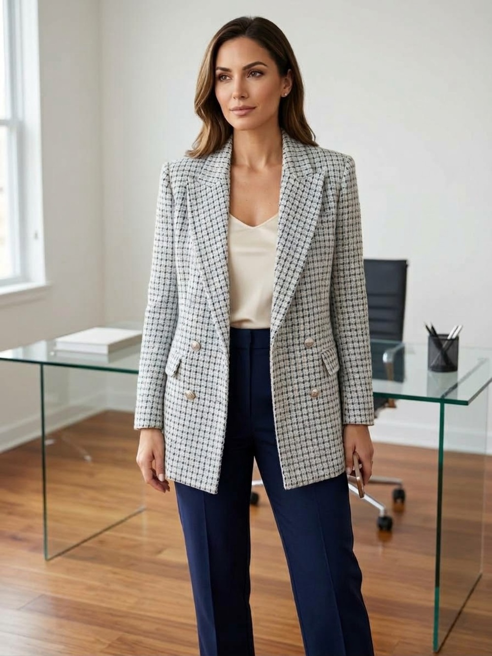 ZARA Light Blue Tweed Houndstooth Double Breasted Crest Button Blazer XS